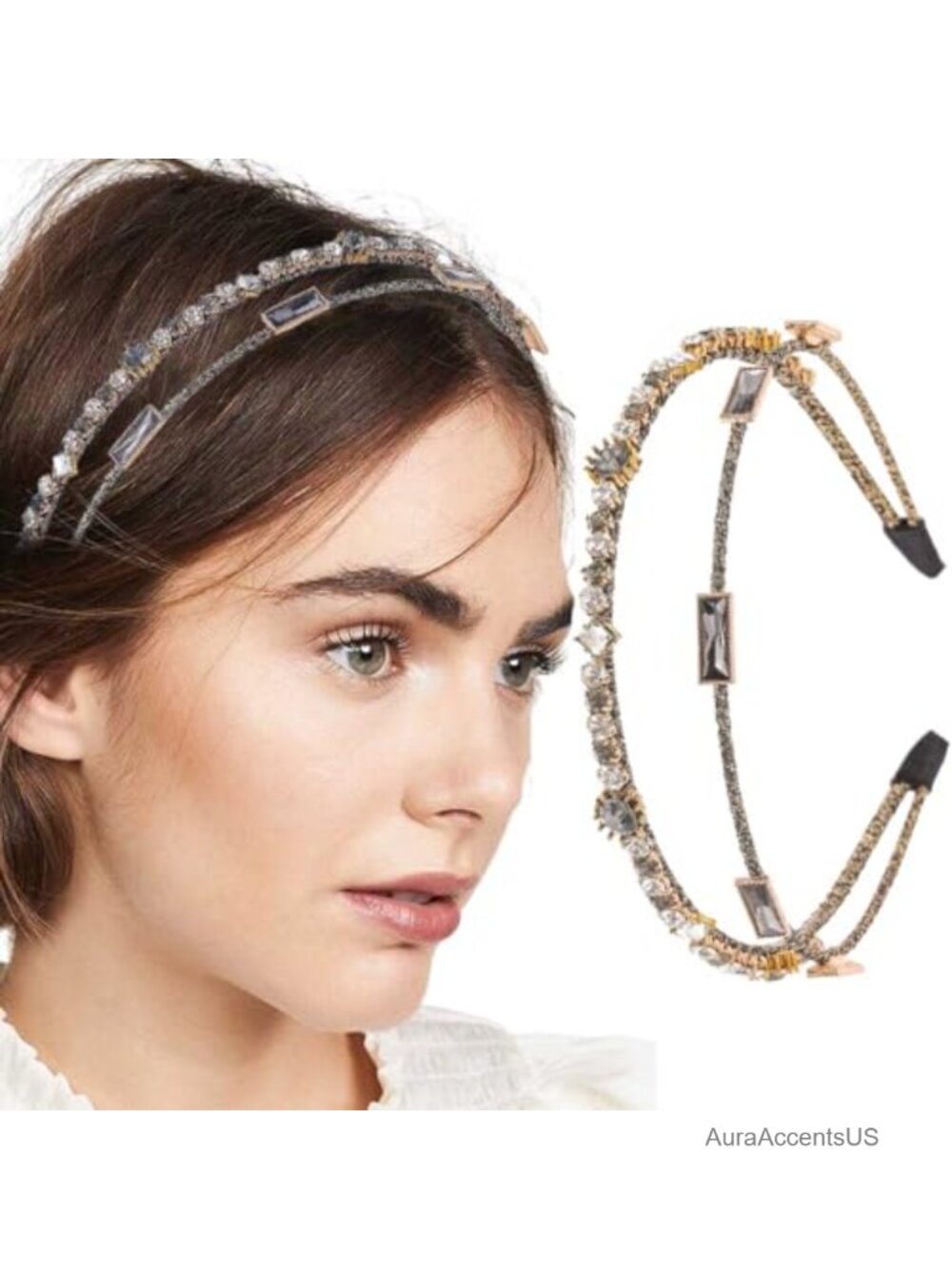 Rhinestone Crystal Headband Vintage Headpiece Layered Hairband